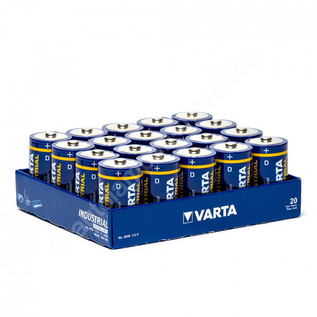 20x Mono D / LR20 - Batterie Alkaline, Varta Industrial 4020, 1,5V, 17000 MAh, FolienPack, 20 Stück
