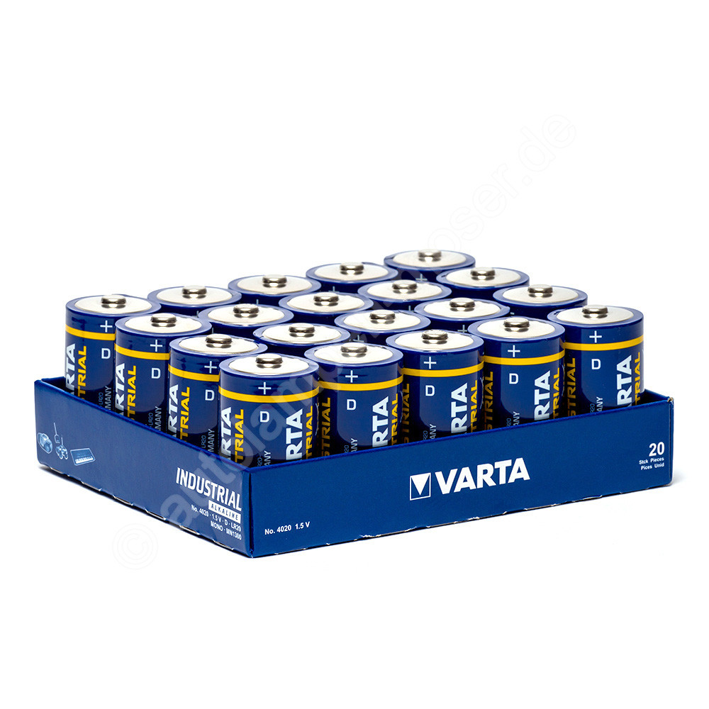 20x Mono D / LR20 - Batterie Alkaline, Varta Industrial 4020, 1,5V, 17000  mAh, FolienPack, 20 Stück